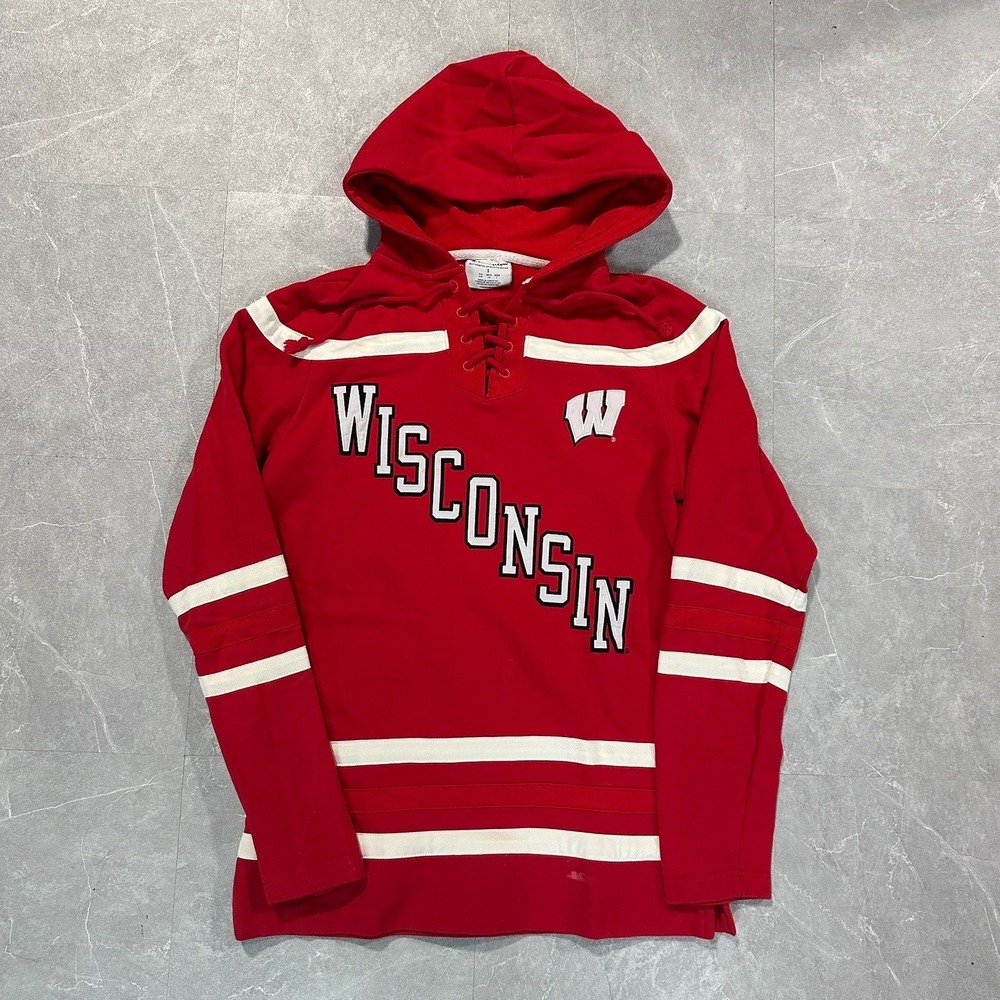 Champion Wisconsin Badgers Lace Up Hockey Hoodie Red Mens Small Spell Out Logo